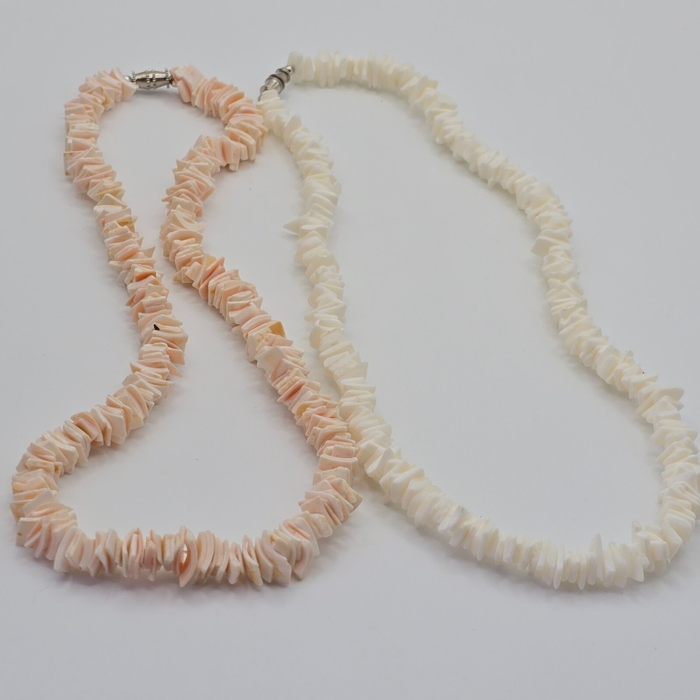 Hawaiian Style Shell Necklace Lot of 2 Natural Beads White‎ Peach Beach Boho - Picture 2 of 8